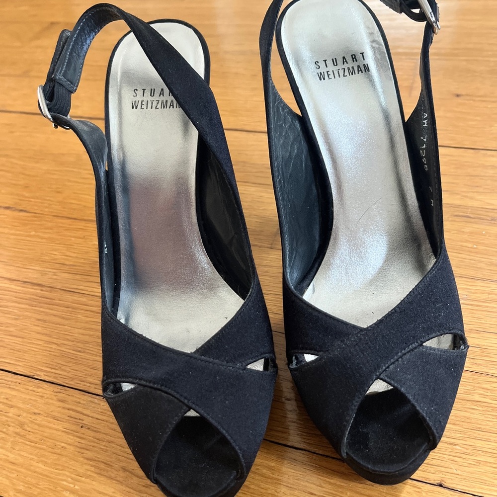 Stuart Weitzman Black Peep-Toe Slingback Heels